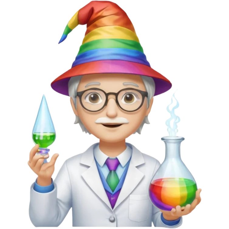 rainbow scientist with glasses, wearing wizard hat custome, with glass vase emoji