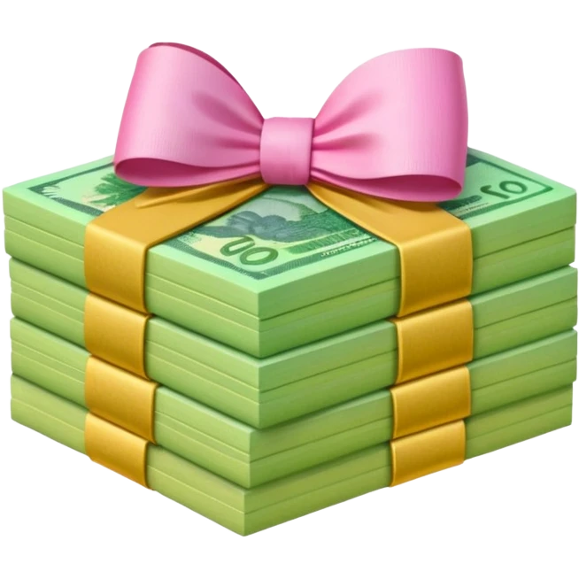 Bright Green & Golden Yellow Gradie ntAustralian $100 notes stacked together and wrapped in a girly pink bow emoji