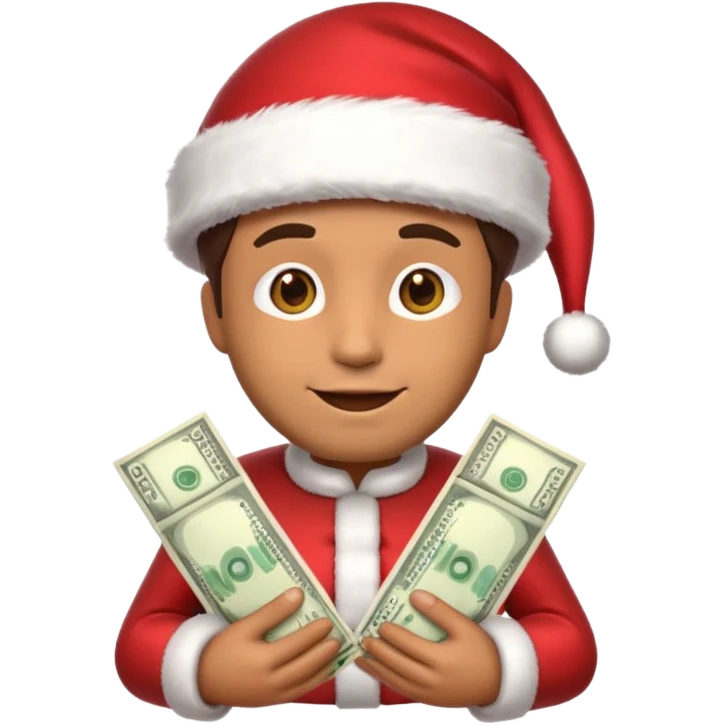 A confident rich emoji face wearing a Santa hat, money stacks, casino vibe, New Year theme, premium 3D emoji style, sharp details, no text, isolated on transparent background emoji