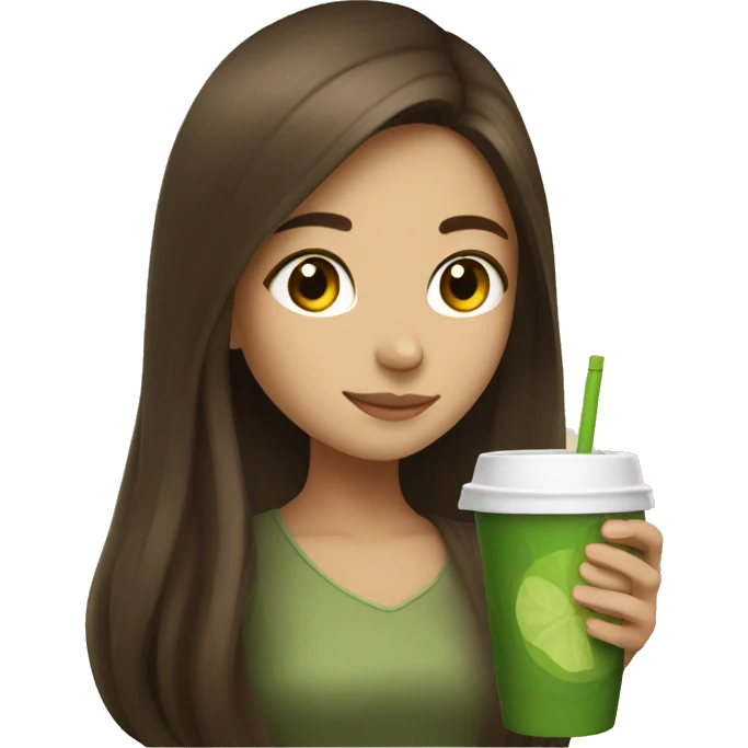 Girl with long brown hair drinking matcha emoji