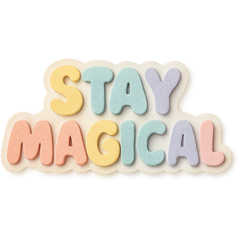 soft pastel rainbow chubby cute text for "Stay Magical", kawaii sticker style, no outline, transparent background emoji