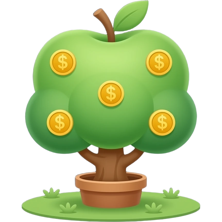 Apple-style money tree, round soft green canopy. No pot, no ground — only the tree. Small gold coins as fruits inside the leaves. Flat 2D vector, clean shapes, no gradients. Dark near-black background, premium fintech icon. emoji