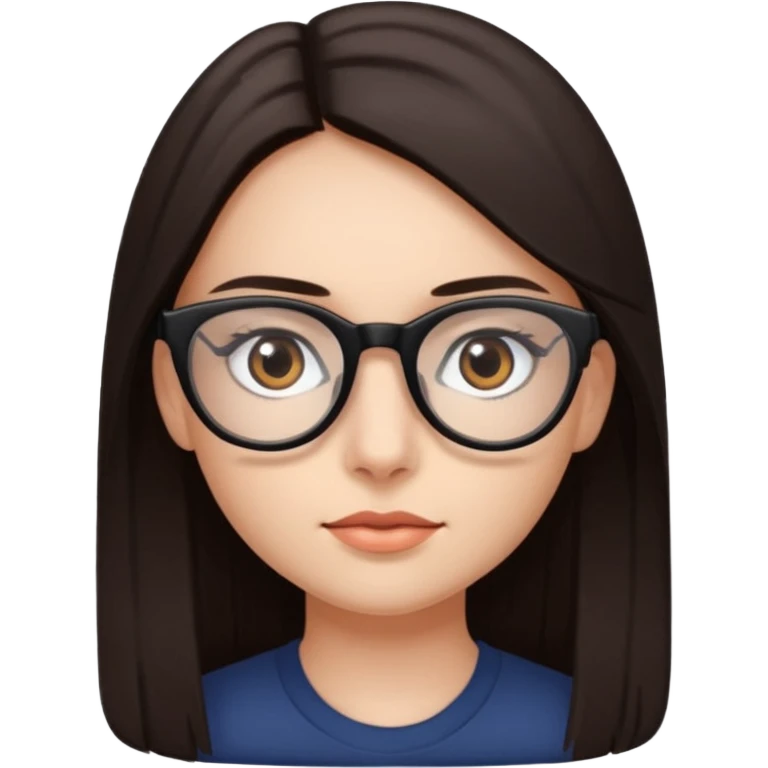 A girl with fair skin and dark brown eyes. Long, straight, dark brown hair. Black prescription glasses. emoji
