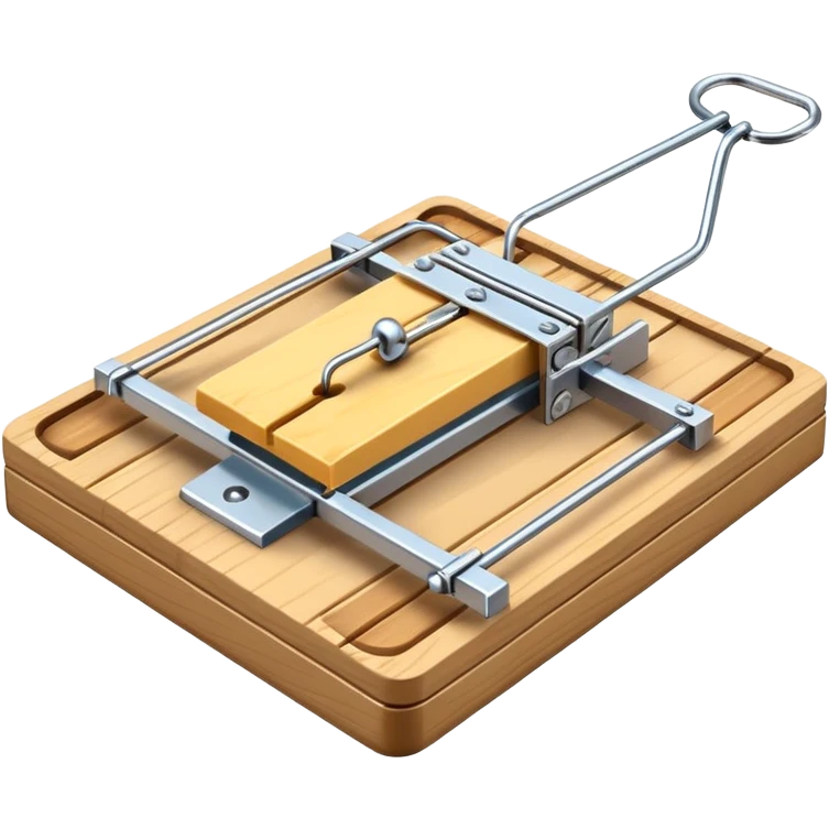 A 3D emoji in iOS emoji aesthetic style of a classic mousetrap without cheese, showing a wooden base and metal spring mechanism, clean minimal design, bright lighting, glossy Apple-style look, white background. emoji