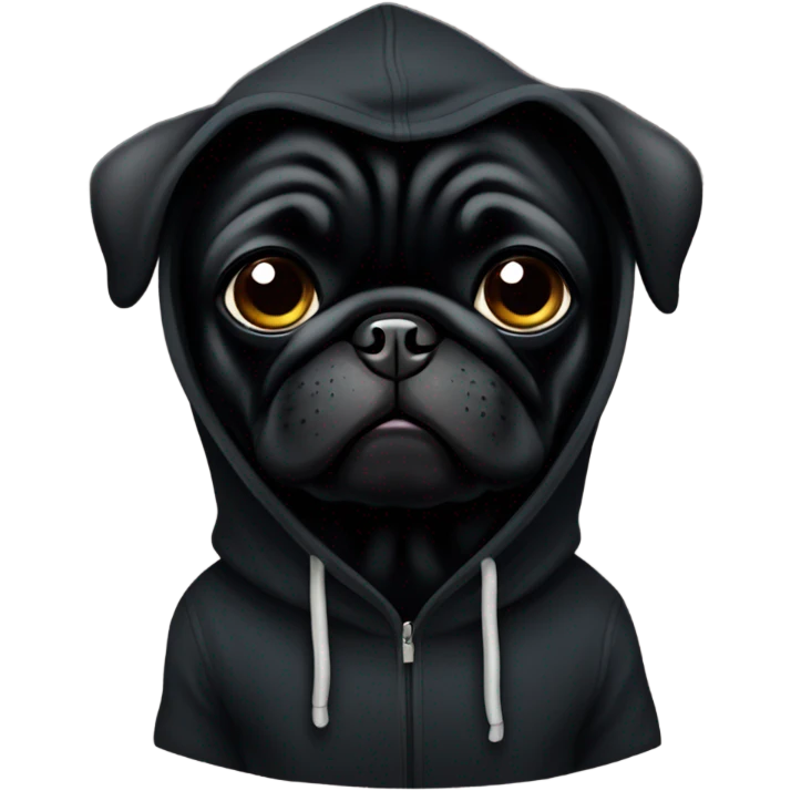 Black pug wearing a black hoodie emoji
