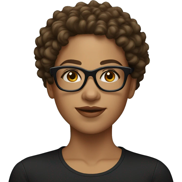 A women with brown medium curly hair, light skinned, full cheeks, black shirt and black glasses  emoji