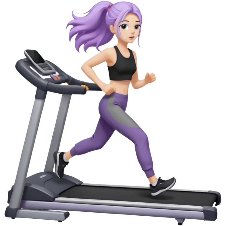 Девушка белокожая на беговой дорожке, с длинными светло-лиловыми волосами, в черном топе, в серых спортивных штанах, с черными ресницами emoji