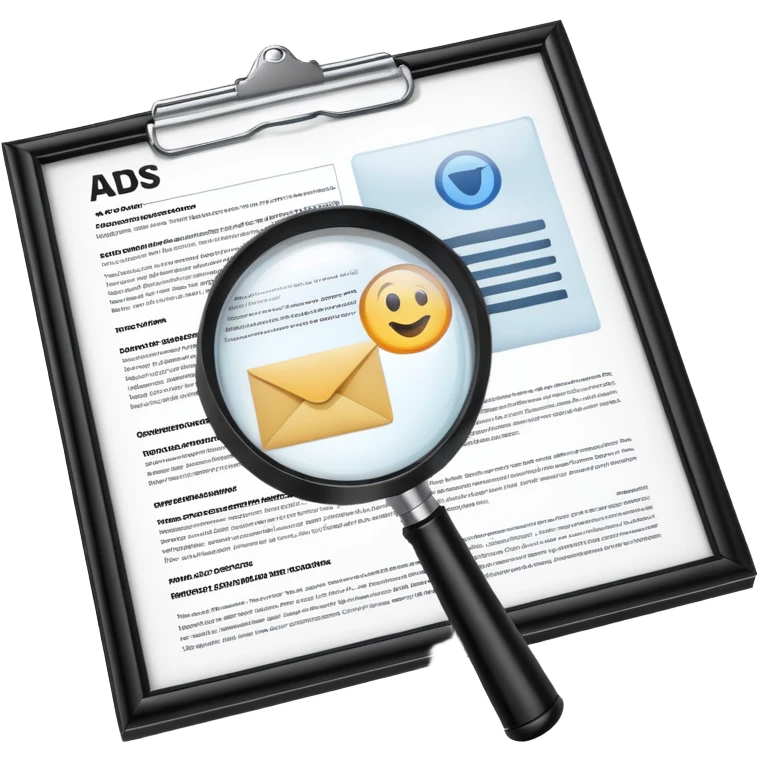 Ads policy document with a magnifying glass examining it emoji