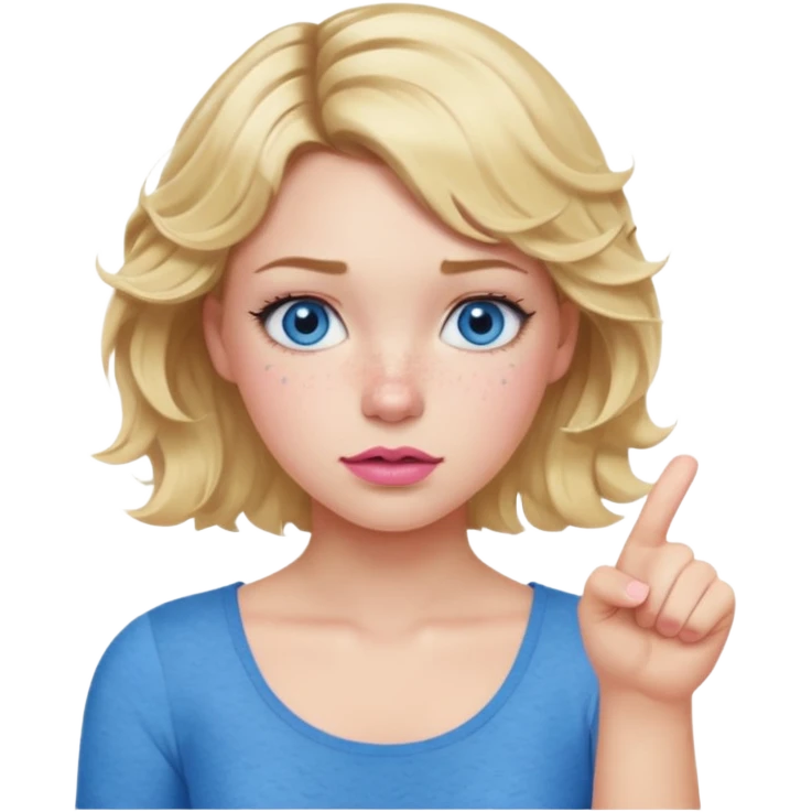 Girl Blonde short wavy hair,  blue eyes, cute blue top, long lashes, pink lips, thumbs down  emoji