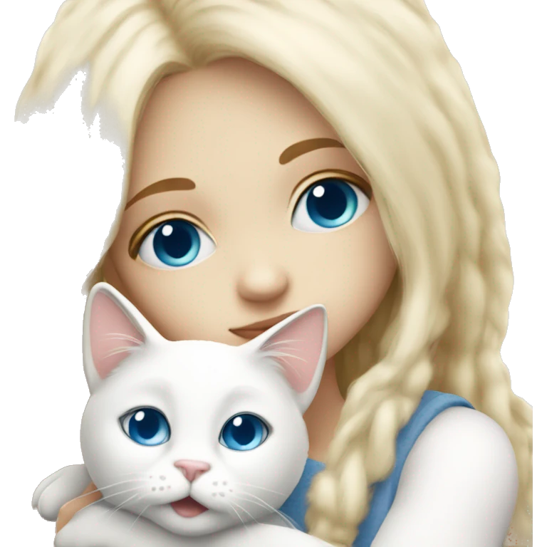 blondie girl with blue eyes hugging a white fluffy cat emoji