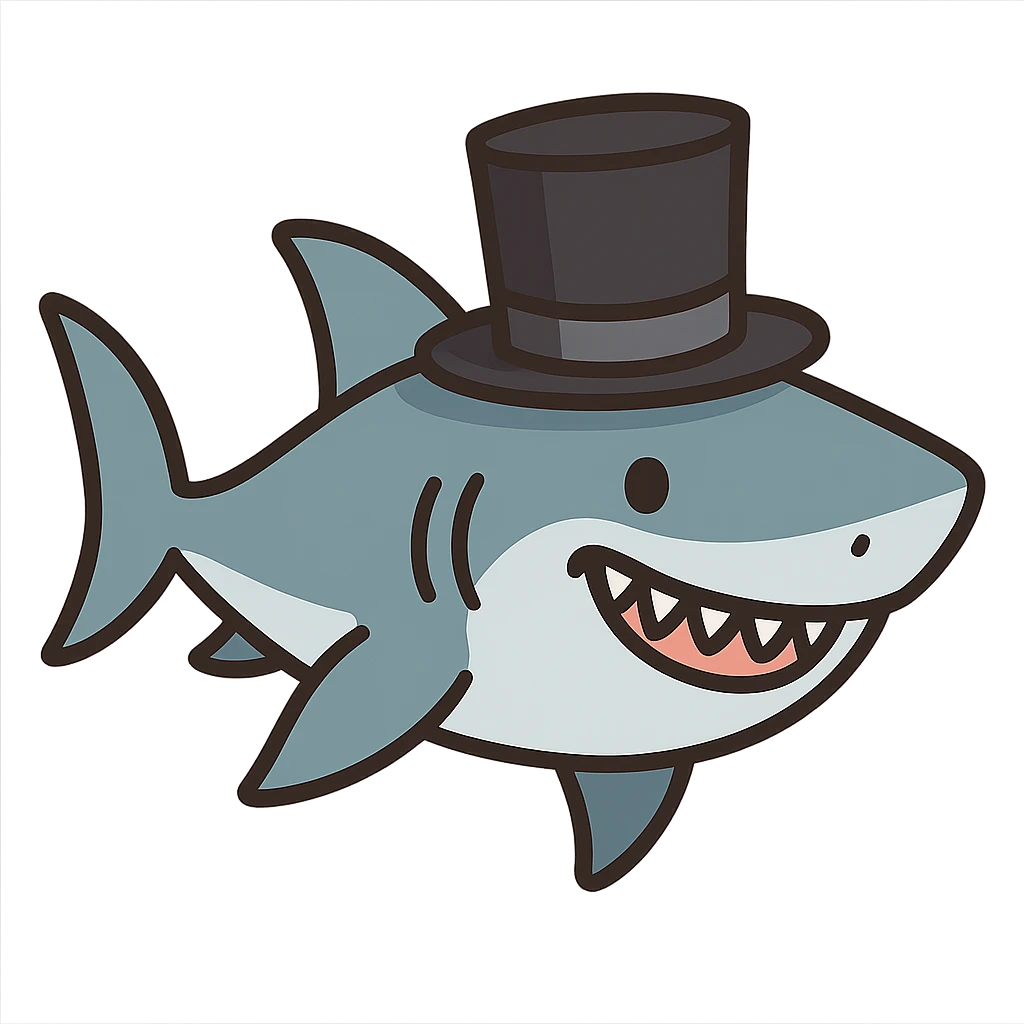 flat toon style shark wearing a top hat emoji