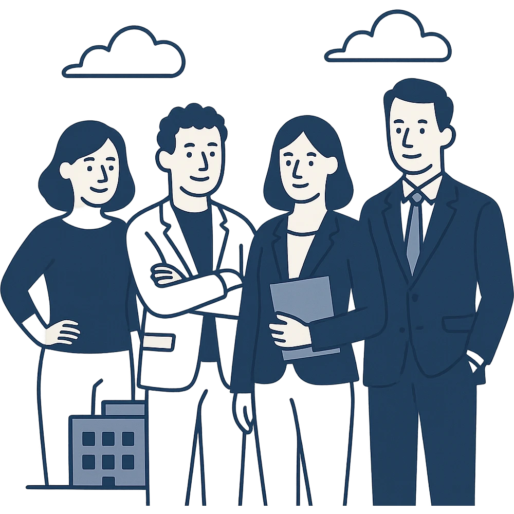 agency team, professional group, modern office, diverse people, clean background, flat blue illustration style emoji