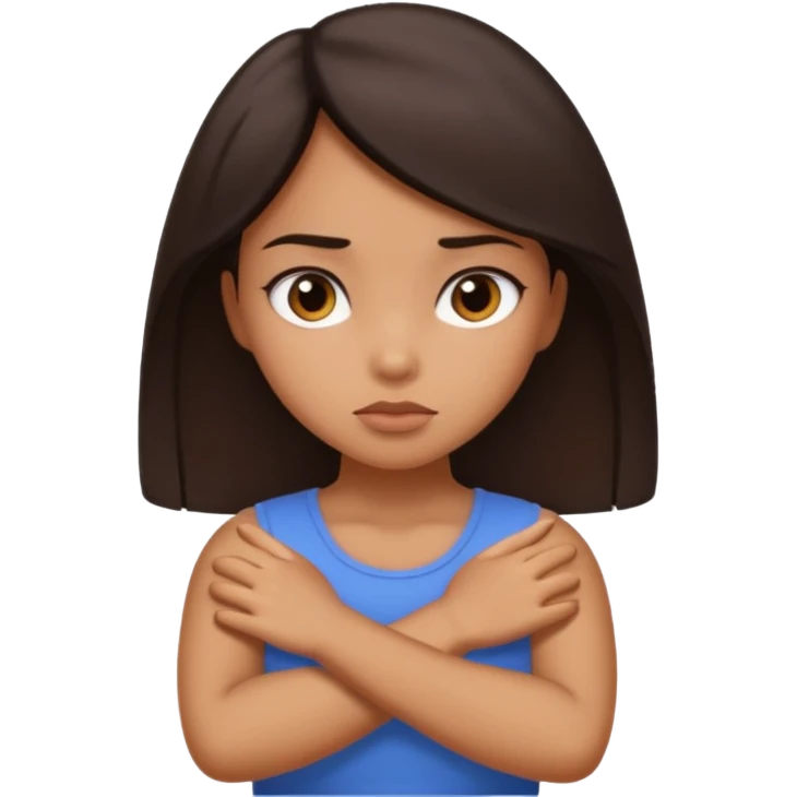Tan girl dark hair crossing her arms with slight pout emoji