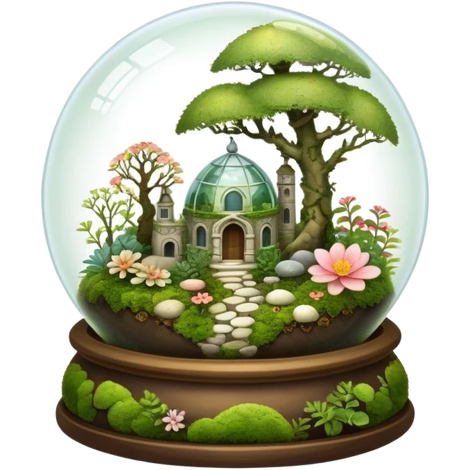 Mystical woodland glass-dome-terrarium-globe with moss inside, with marbles, with bones inside, and flowers inside  emoji