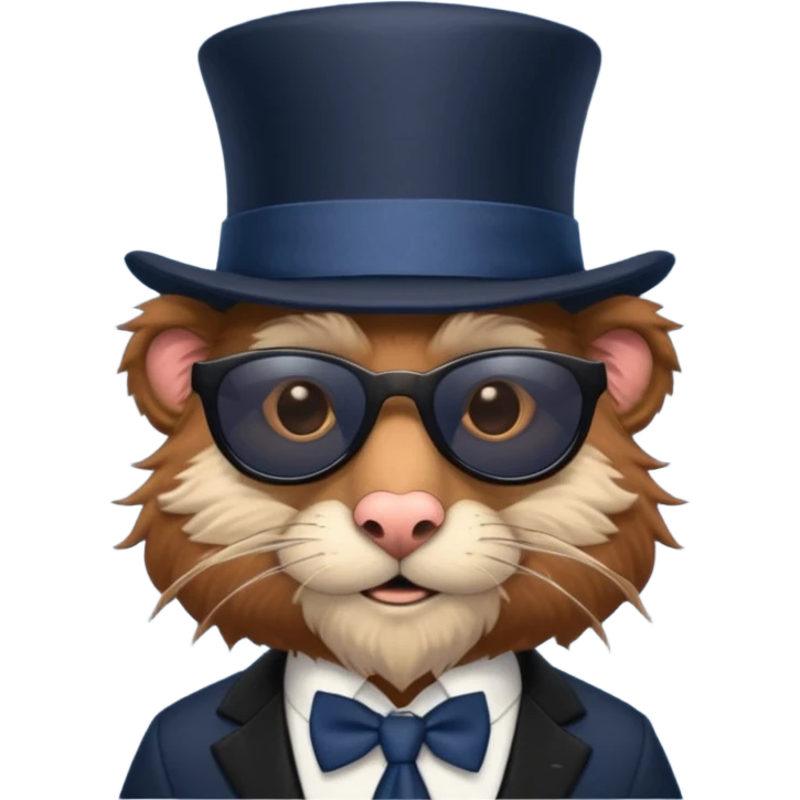 furry brown dwarf creature with a big nose and wears dark sunglasses, a black top hat, and navy blue tie and no clothes on (full body with fur all over) emoji