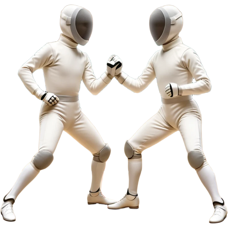 Two fencers in symmetrical stances, with crossed épées in front of them. Their forms are elegant and precise, showcasing the balance and strategy of fencing. The background features a blurred fencing piste, with subtle motion lines to emphasize the elegance and speed of the sport. emoji