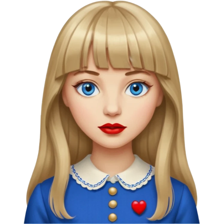Woman with long dark blond hair and bang, blue eyes, vintage clothe emoji emoji