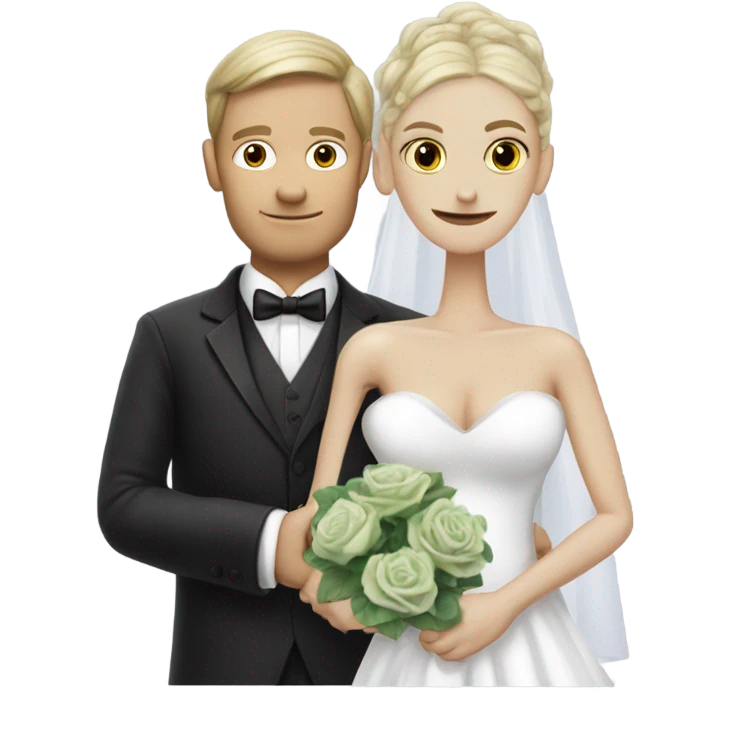 White humman man in a tuxedo, holding Alien reprilian woman in wedding dress, and one , hands getting married emoji