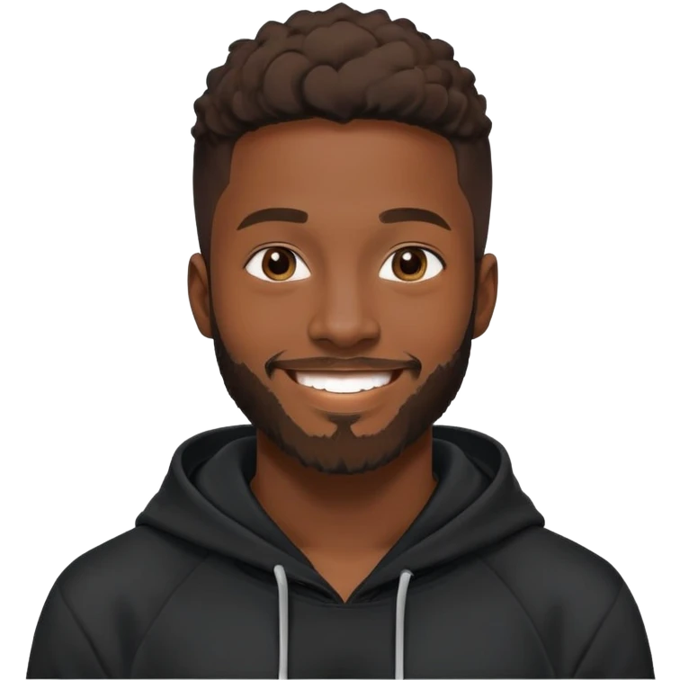 African yound man in his late 20s with a  bright smile with a short boxed beard, black hoody emoji