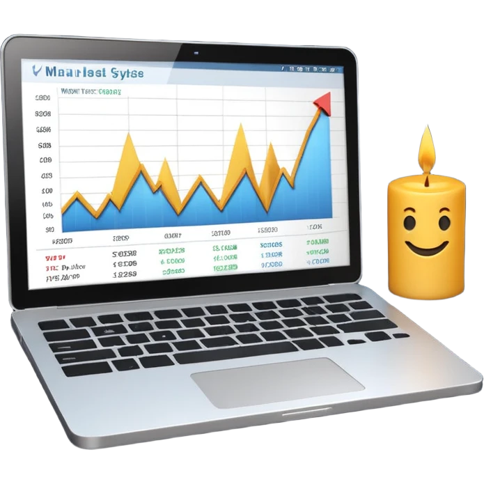 Minimal 3D emoji style laptop with stock market chart on screen, candlestick chart and small line graph, financial trading interface, neutral colors, professional look, clean shading, no bright colors, no brand logos, isolated on transparent background, modern emoji design emoji