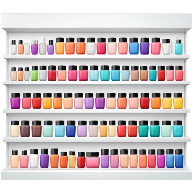 big beauty salon showcase with well-organized brand-labeled beauty products on a white shelves emoji