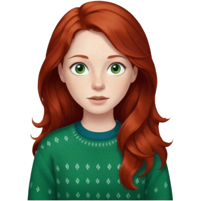 woman with long dark auburn red hair that is mostly straight but has slight waves to it. grey blue eyes. some freckles. wearing a Swedish style sweater that is green. blue grey eyes.  emoji
