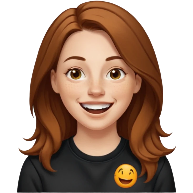 A 38 year old white woman with long brunette hair parted in the middle. She has her nose pierced. Her nose is medium sized. She has brown eyes. She has freckles and is wearing a black sweatshirt and is laughing  emoji