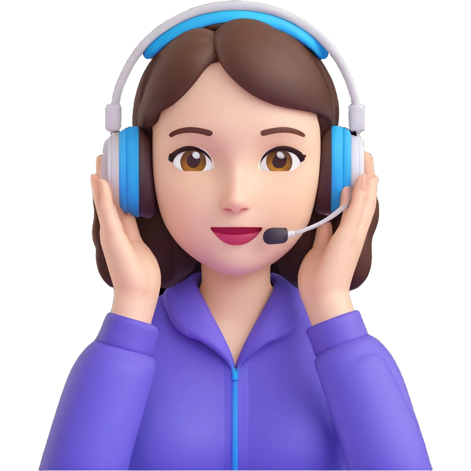 female junior sales professional, pale skin, brunette hair, nice clothing, wearing a headset, emoji style emoji