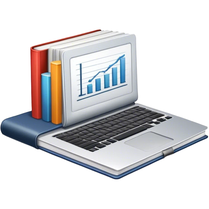 Icon for Business Reading: a prominent book at the forefront, laptop and notepad around it, along with a bar graph. The icon should represent the knowledge and strategy of business literature. Transparent background. emoji