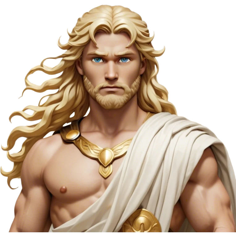 Cinematic Realistic Thor Portrait, depicted as a classical Greek god with a chiseled, sculpted physique reminiscent of ancient marble statues. His fair, luminous skin carries a subtle golden sheen, and his long, wavy, sun-kissed golden hair flows elegantly around his noble face, accentuating his determined, piercing eyes. Draped in a flowing white toga with delicate golden accents and hints of lightning motifs, the portrait is rendered in dynamic natural lighting with a radiant, mythic glow that exudes timeless strength and divine grace. emoji