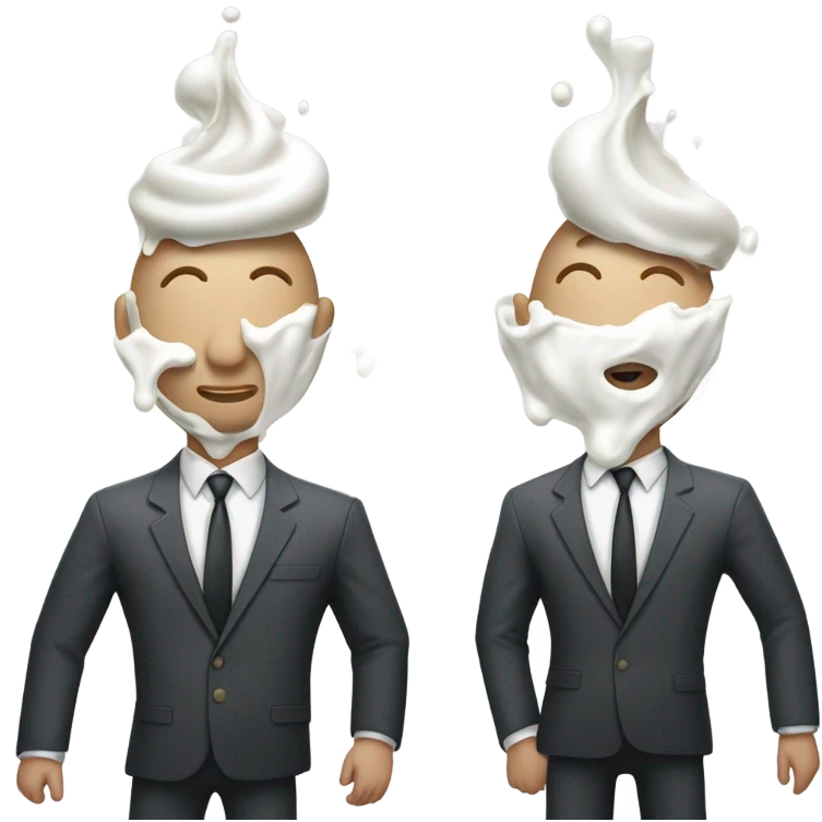 Two men covered in yogurt wearing suits with yogurt on their head emoji