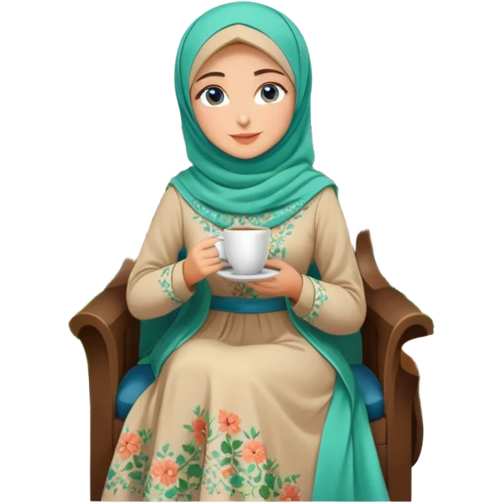 Turkish beautiful finish Konya girls blue eyes with Beautiful light brown green floral hijab long tail dress and in a lovely garden sits on the chair on the ground and holds cup coffe with her hand  emoji