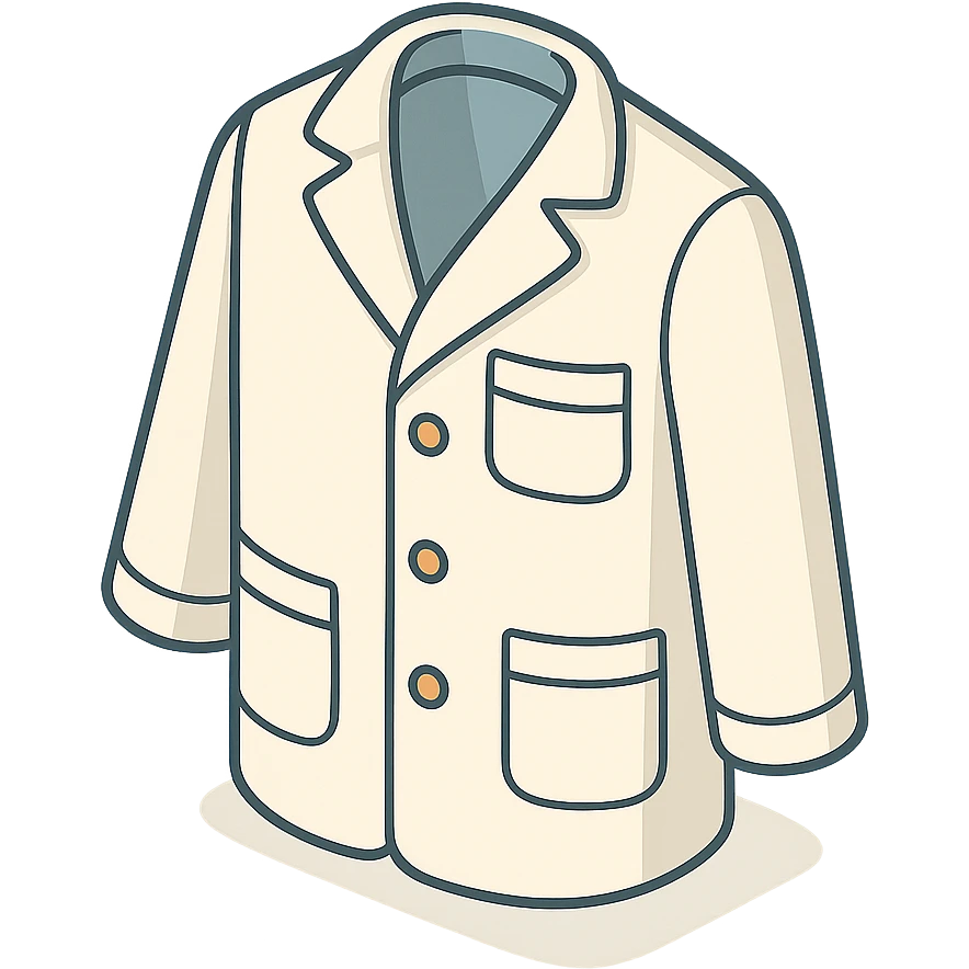 medical coat, front view, looking towards the viewer (not literally), 2D isometric style, soft rounded shapes, clean contours, pastel palette, detailed shadows and highlights, modern illustration, transparent background emoji