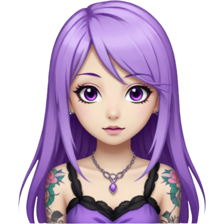 hime gyaru girl, long straight white and purple hair, tattoos, dark makeup,  emoji