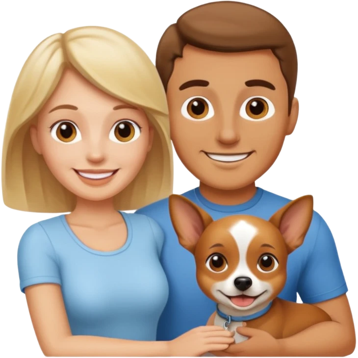 Una mujer blanca y un hombre moreno con un perrito emoji