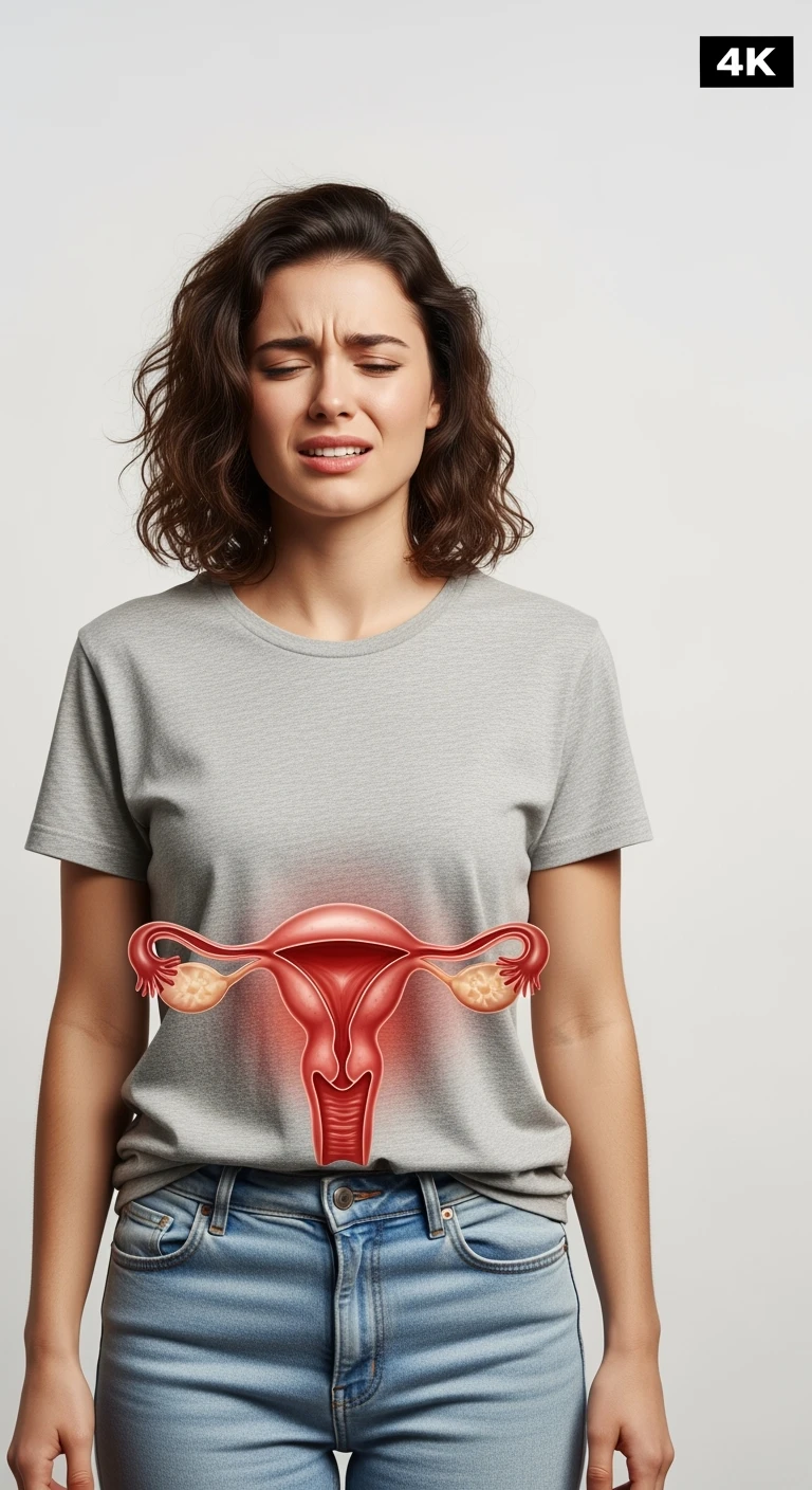 donna vestita casual realistico con utero umano anatomico in evidenza, dolore in volto
, IPERREALISTICO 4K, sfondo bianco emoji
