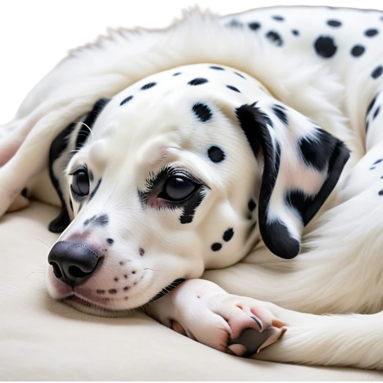 Meme-Worthy Cute Sleeping Spotted Dalmatian Portrait Emoji, Head resting peacefully with a contented smile, showcasing a delightfully majestic build and a luxuriously soft Fur of predominantly white with bold black patches, eyes shut in a serene nap, Simplified yet hilariously adorable features, highly detailed, glowing with a soft, drowsy light, high shine, relaxed and utterly lovable, stylized with an air of playful laziness, bright and heartwarming, soft glowing outline, capturing the essence of a comically sleepy guardian, so meme-worthy it feels like it could instantly become the next viral sensation of adorable slumber! emoji