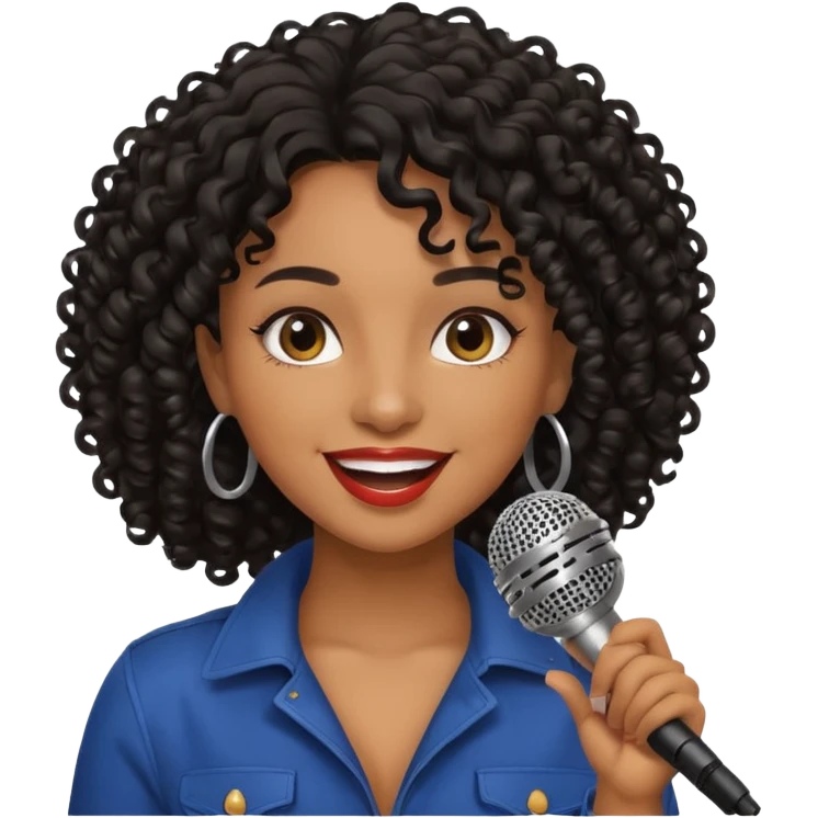 brown skin woman, curly black hair, singer, hold micro emoji