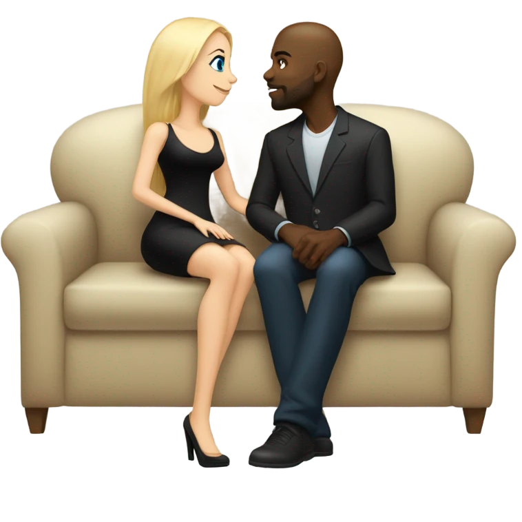 Blonde woman with blue eyes and long straight hair wearing a short black dress and a black man who is bald with a goatee seated together on a sofa enjoying a loving kiss.   emoji