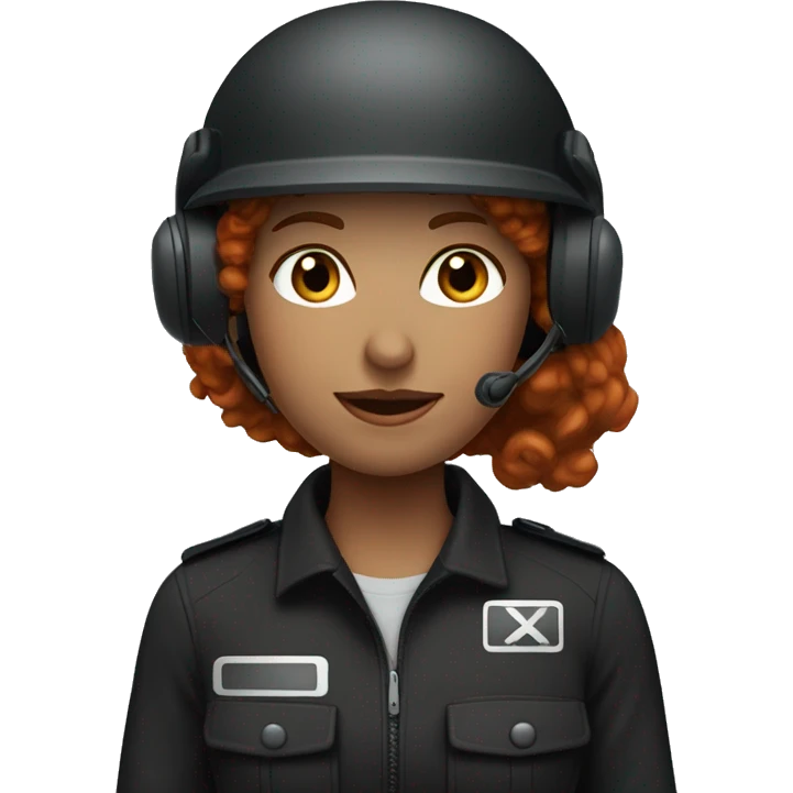 operator dressed in black with a milatary helmet, without glasses, wearing a headset, ready to respond to alerts, preferably curly redhead female  emoji