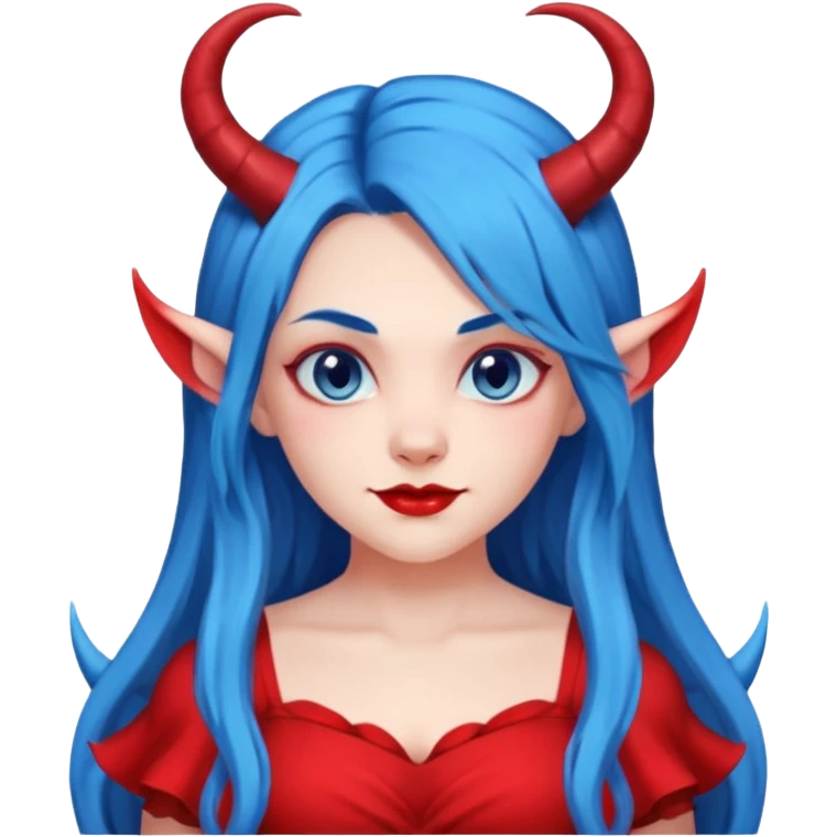Female devil with long blue hair and horns,  cute face, half body emoji