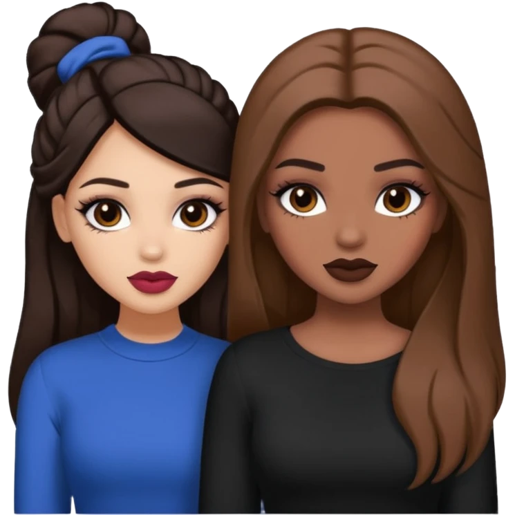Boujy baddie best friends, trendy heavy makeup both dark hair one light skinned and one mocha brown pretty hair style  emoji
