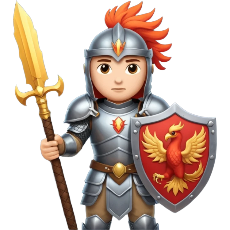 Warrior with a shield with a phoenix on it and a sword in heavy armor emoji