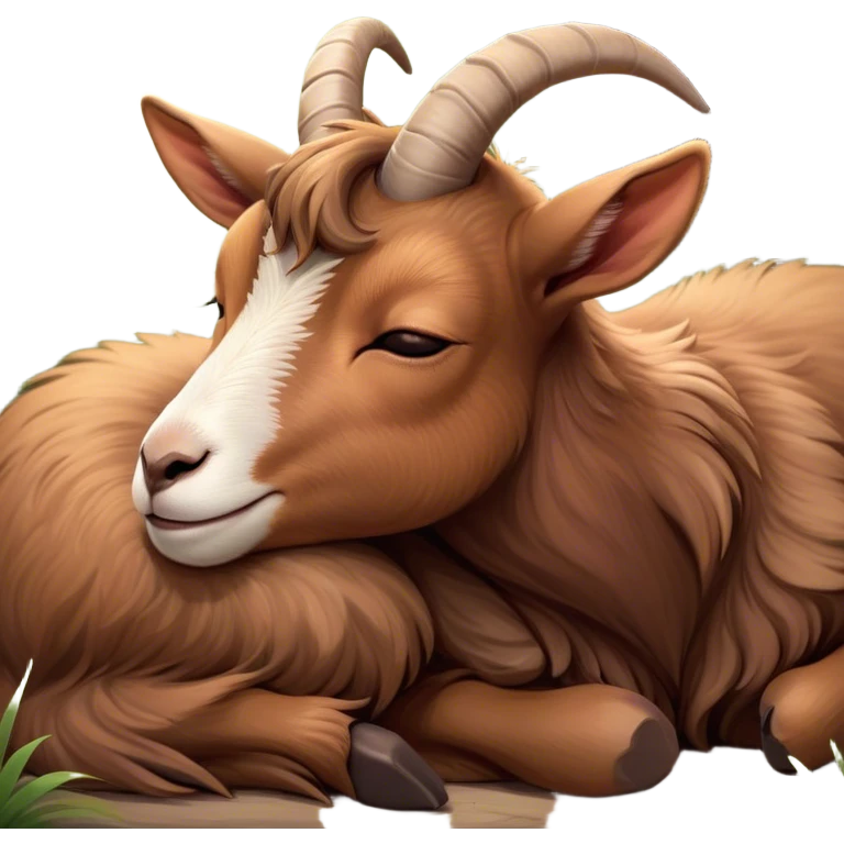 Meme-Worthy Cute Sleeping Brown Goat Portrait Emoji, Head resting peacefully with a contented smile, showcasing a robust build and a luxuriously soft brown fur, eyes shut in a serene, restful nap, Simplified yet hilariously adorable features, highly detailed, glowing with a soft, drowsy light, high shine, relaxed and utterly lovable, stylized with an air of playful laziness, bright and heartwarming, soft glowing outline, capturing the essence of a comically sleepy goat, so meme-worthy it feels like it could instantly become the next viral sensation of adorable slumber! emoji