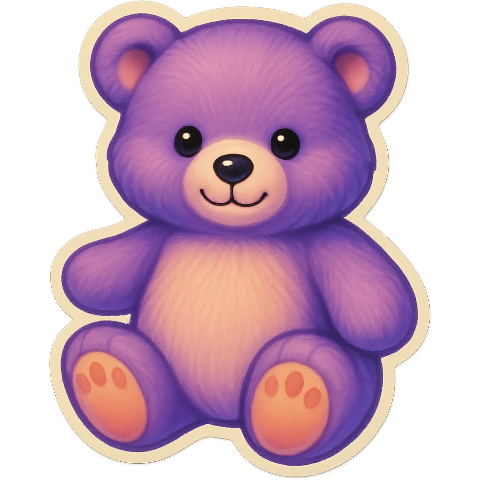 Remove the glitter effect from the purple and white teddy bear's fur, keep it soft and plush, no shadows, flat lighting, no background. emoji