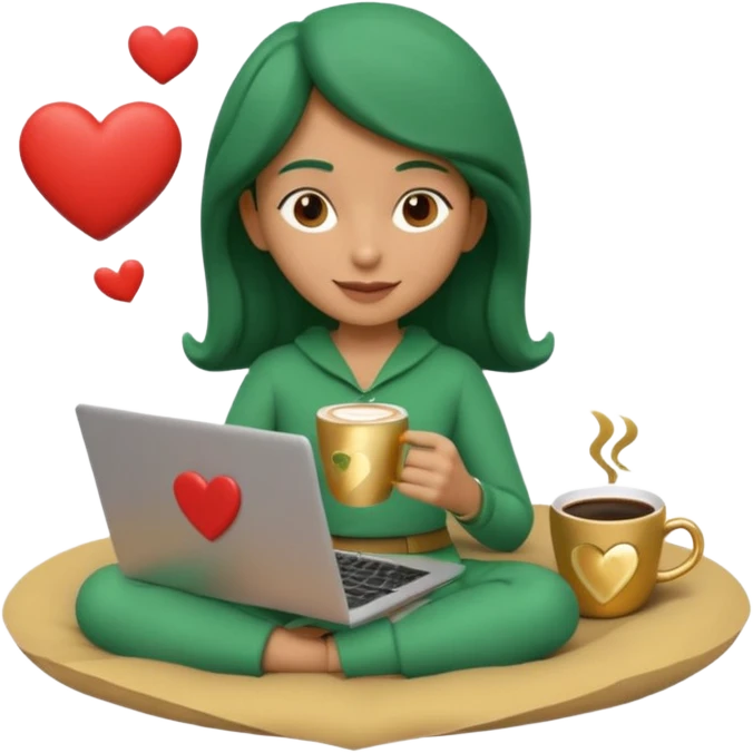 3D clay character relaxed with laptop and coffee, floating icons (envelope, heart, dollar), deep green (#0B3D2C) outfit, gold icons, cream laptop, Pixar style, transparent background emoji