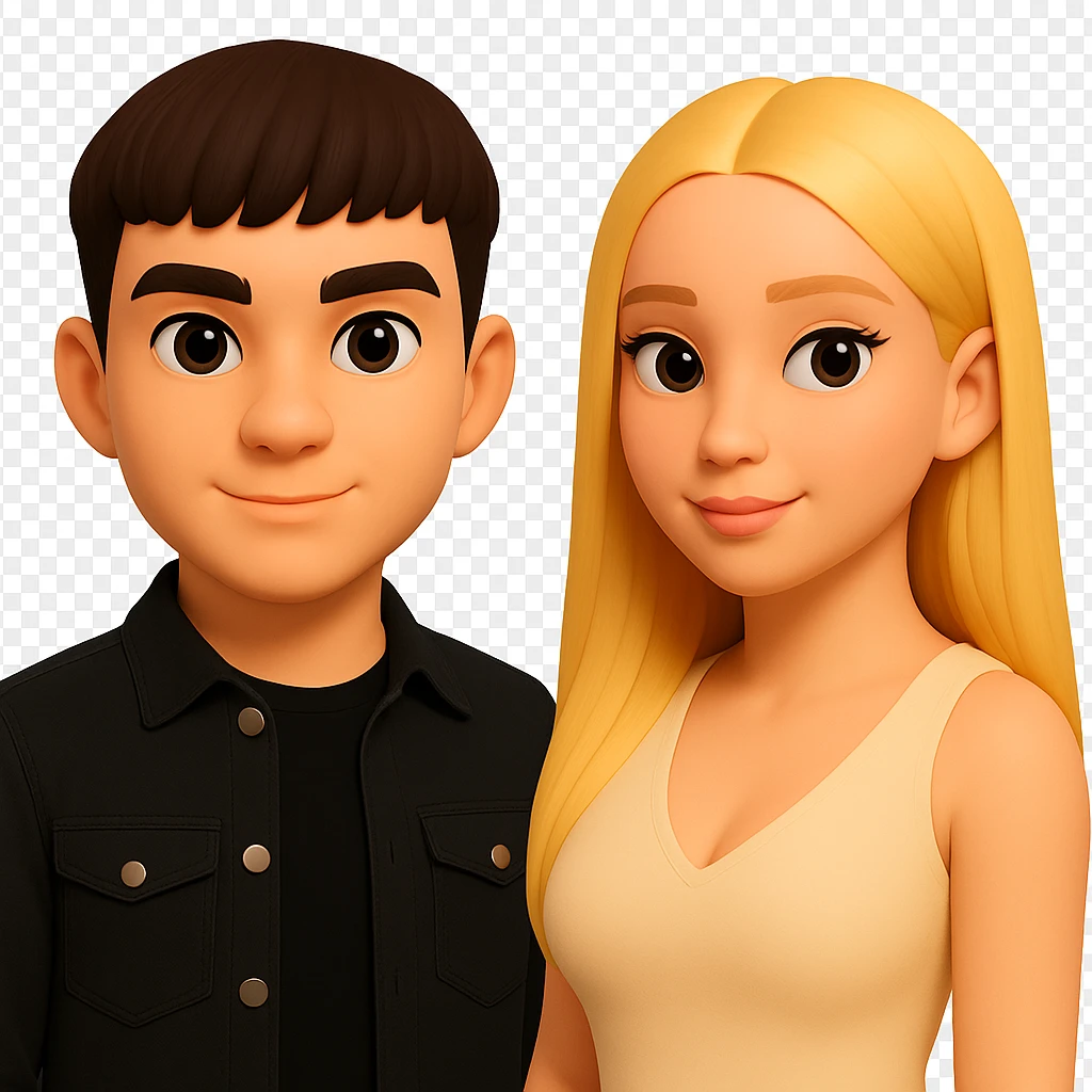 Slightly increase the volume of the upper body of the girl, separate the girl and the boy from each other, make the skin color the same for both. Preserve the cartoon style and keep the background transparent. emoji