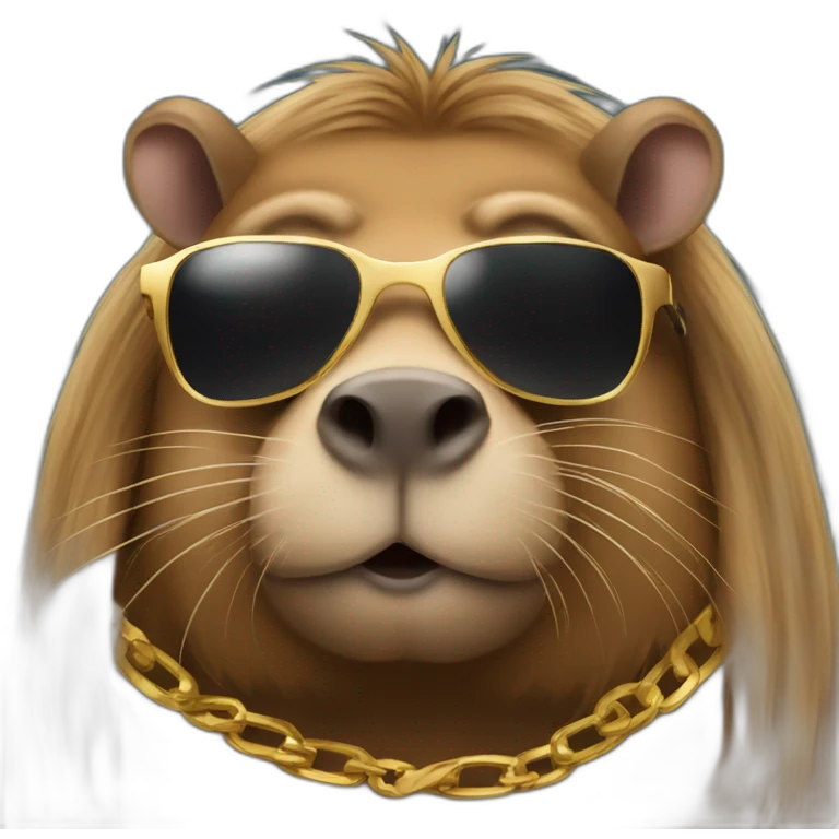A capibara with sunglasses and a gold chain and long hair driving a car emoji