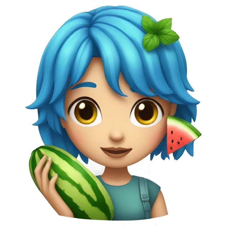 A girl with BLUE hair and a watermelon  emoji