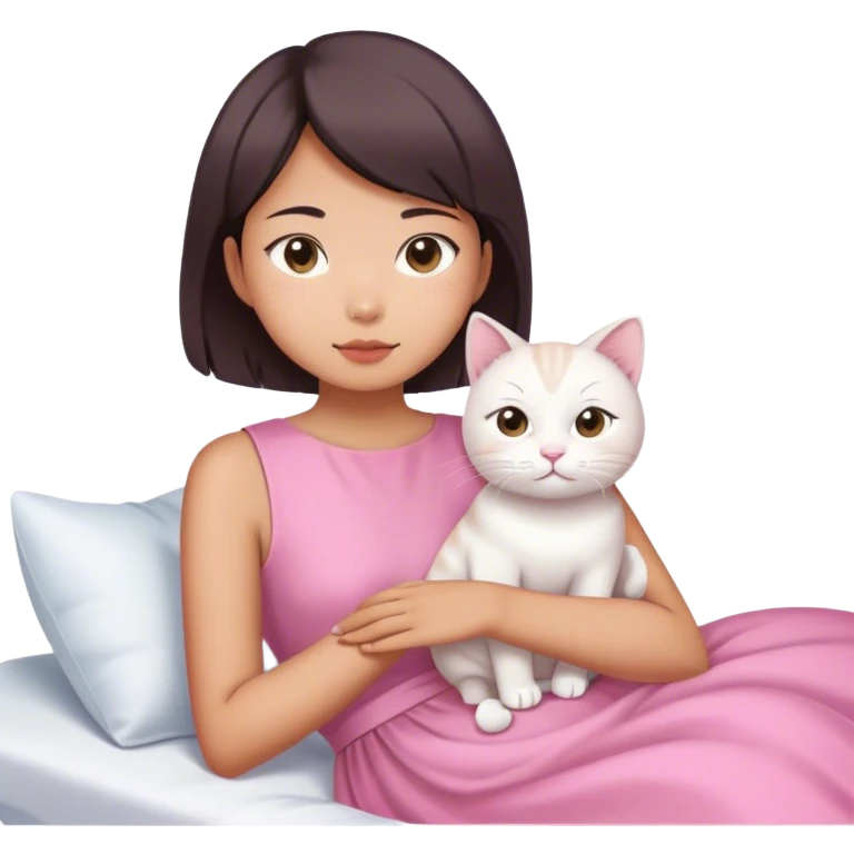 Short hair Asian girl wake up with white cat in pink dress  emoji